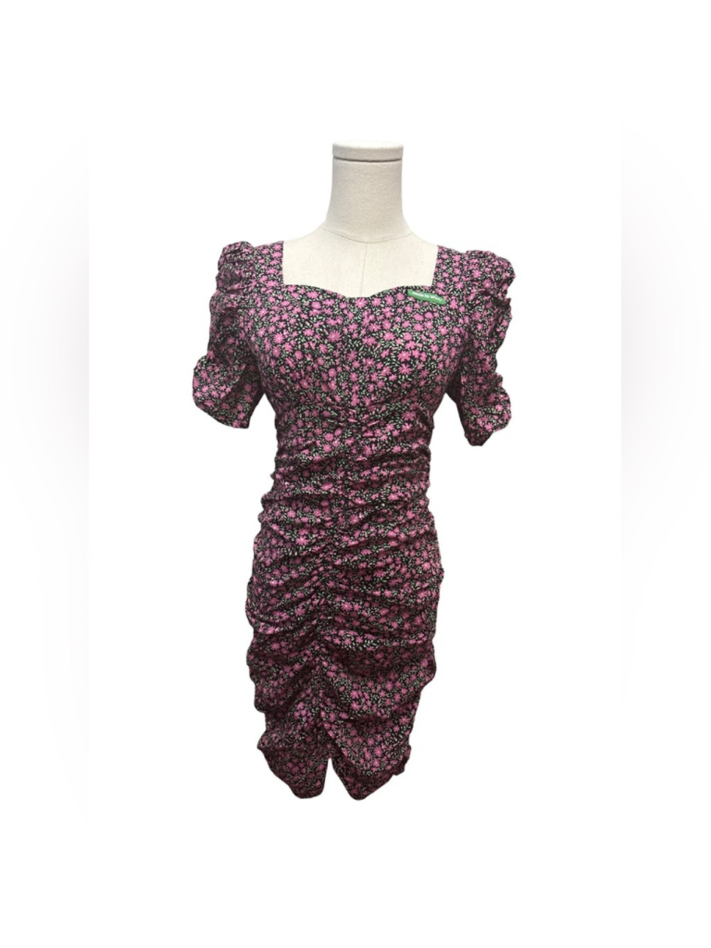 CHUU Floral Pink and Black Ruched Dress - size S